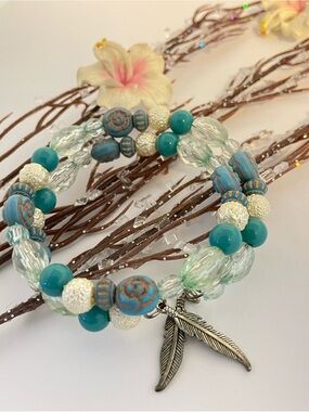 Turquoise Beaded Double-Strand Bracelet with Feather Charms - Unbranded